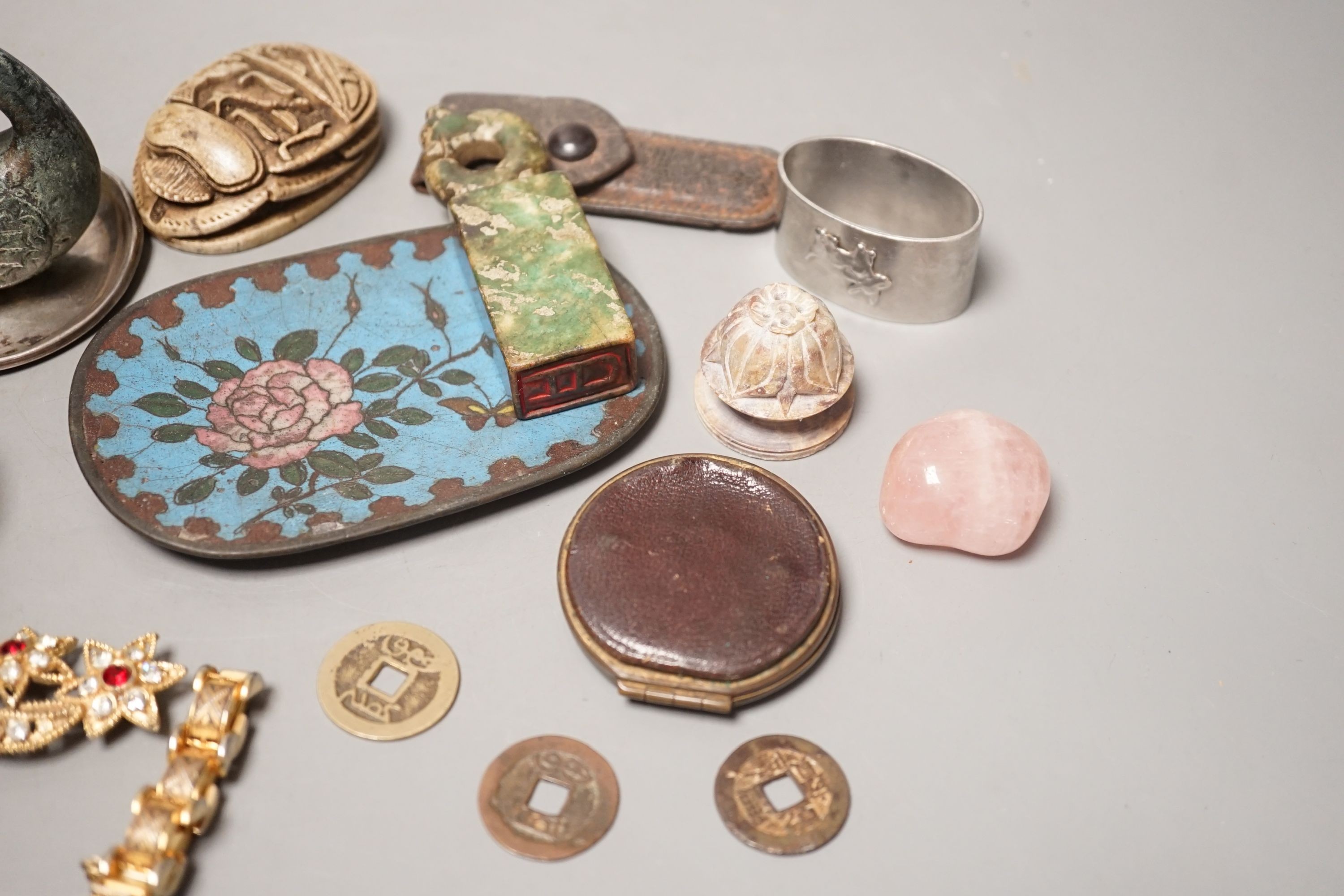 A group of miscellaneous objects to include Chinese coins, Brevete case, blue enamel plate, 12cm, and other items